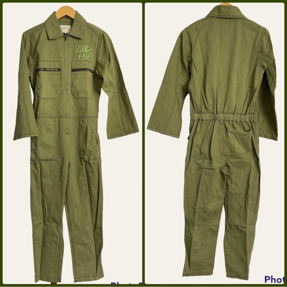 Sandrine Rose FREE PEOPLE Tre’s Cool Army Green Khaki Deep Front Zip Jumpsuit M